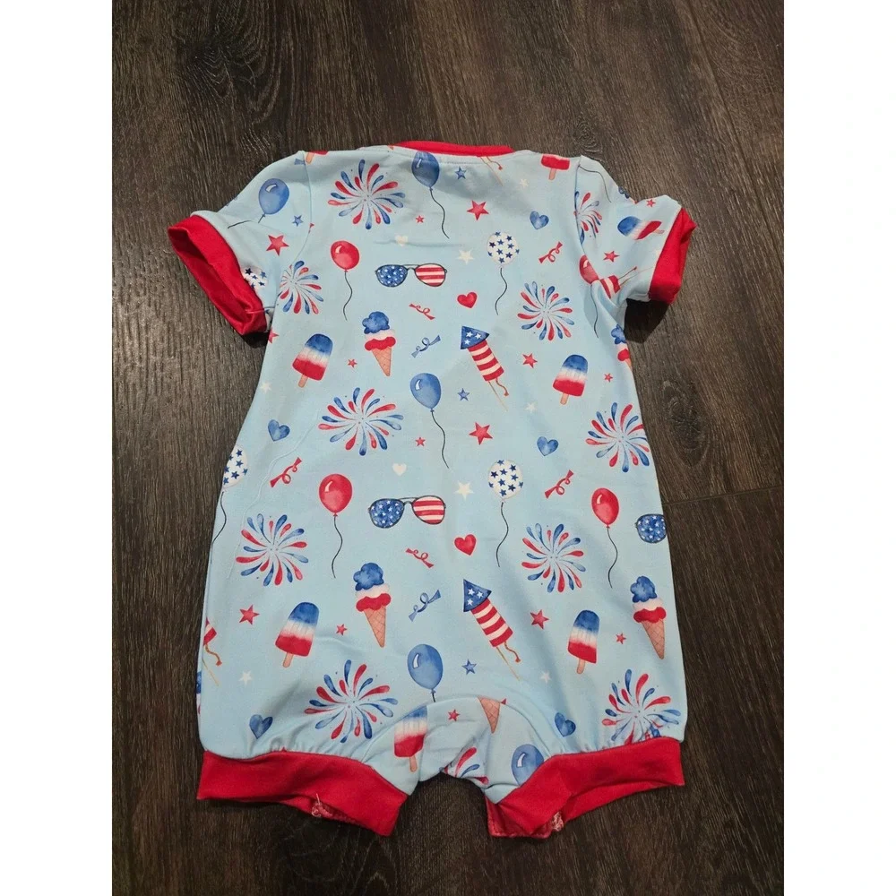 Pete + Lucy 4th of July Patriotic Fireworks Romper 6-9M Blue Red NWT